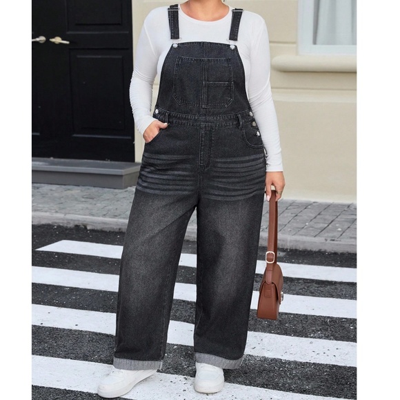 Plus Black Vintage Wash Adjustable Strap Wide leg Denim Jean Bib overalls - Picture 1 of 4